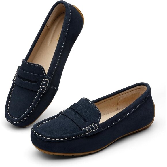 Kordal Women's Navy Suede Gold Accent Buckle Slip-Ons Walking Flats Loafers - Picture 8 of 9